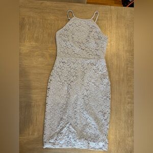 Lace Midi Dress in Soft Grey/Blue